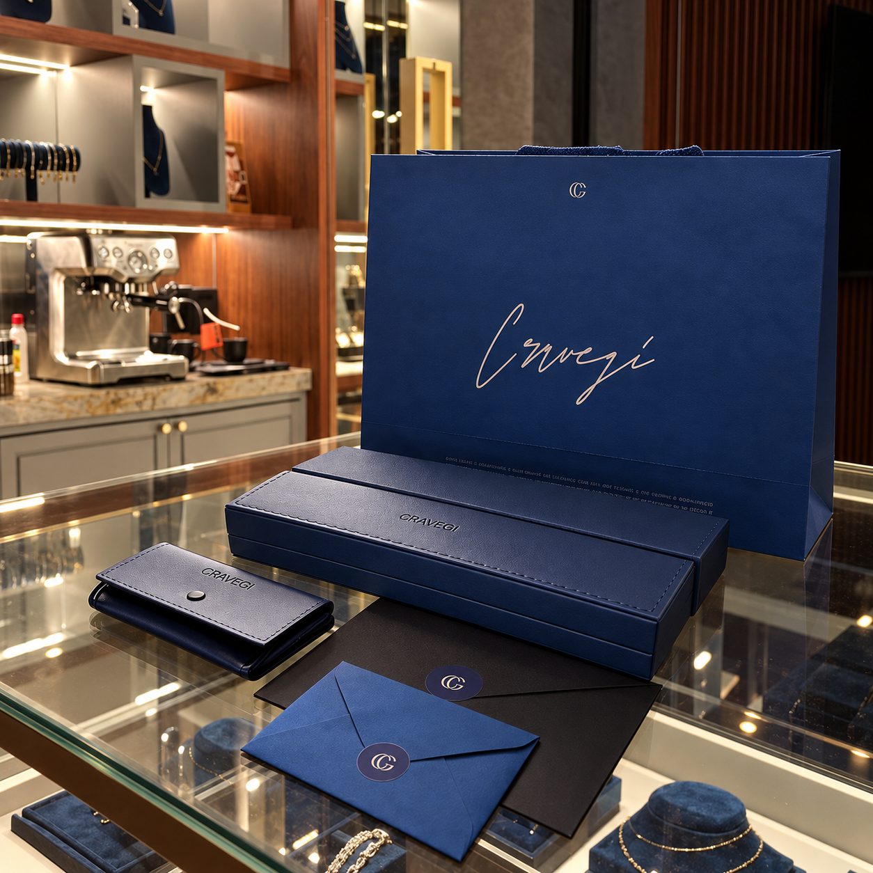 Embalagem Cravegi sobre um balcão de joalheria: paper bag azul royal, estojo, travel bag e envelopes com o selo CG