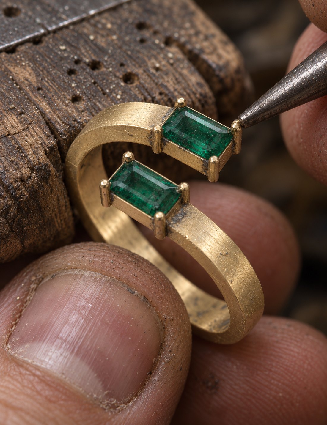 Mãos do ourives cravando esmeraldas em um anel de ouro 18k